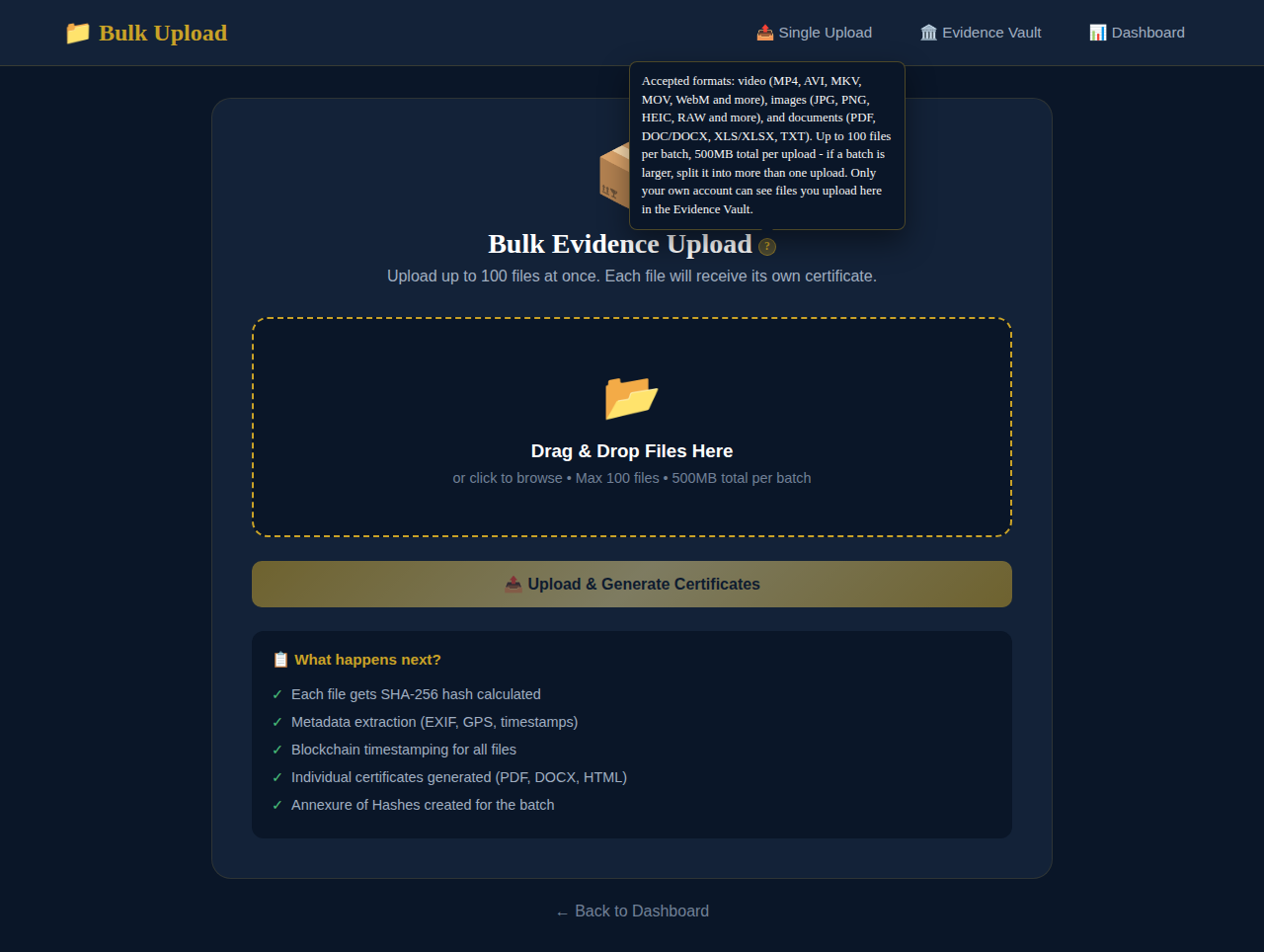 Bulk upload with help tip open explaining formats and limits