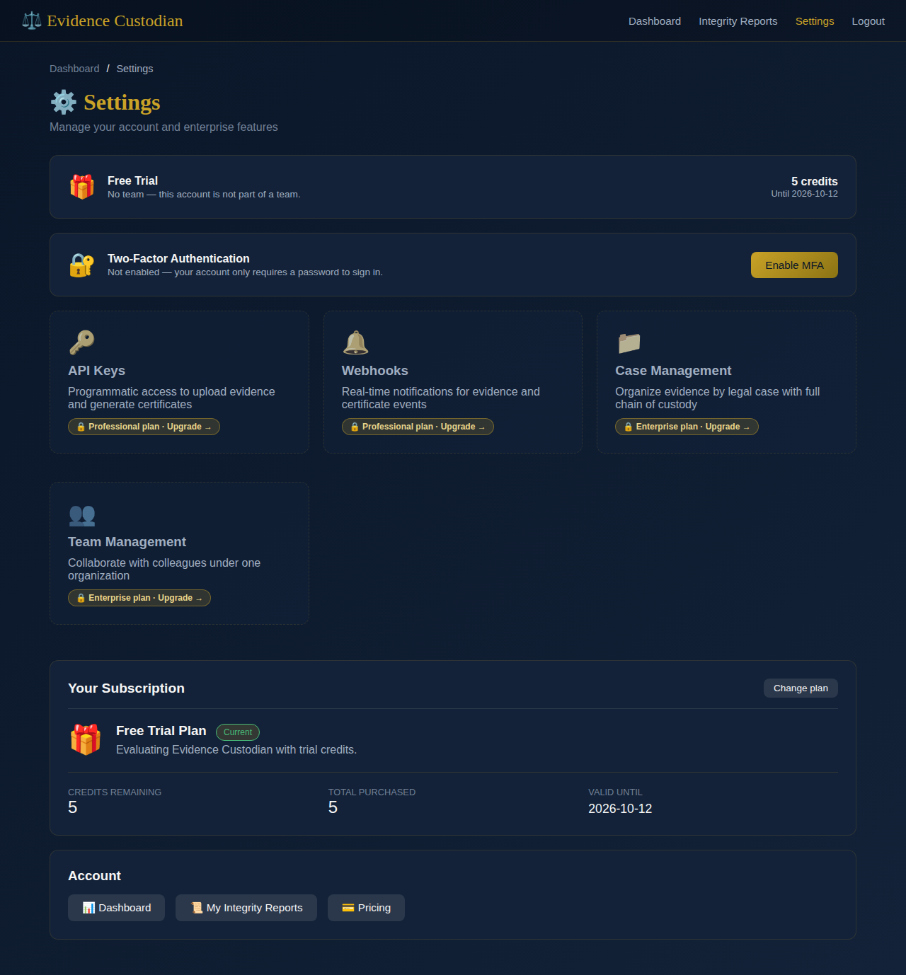 Settings page before MFA is enabled