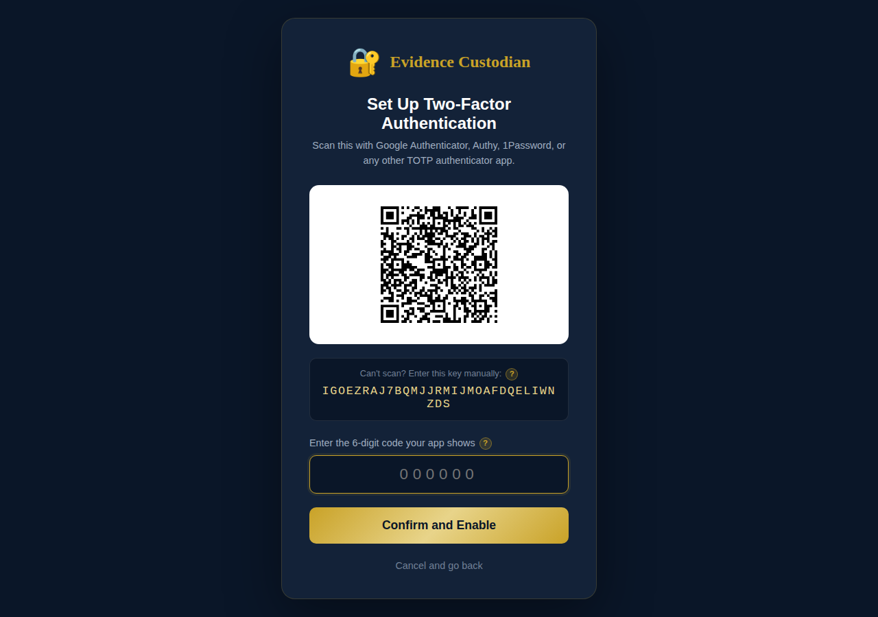 MFA setup screen with QR code