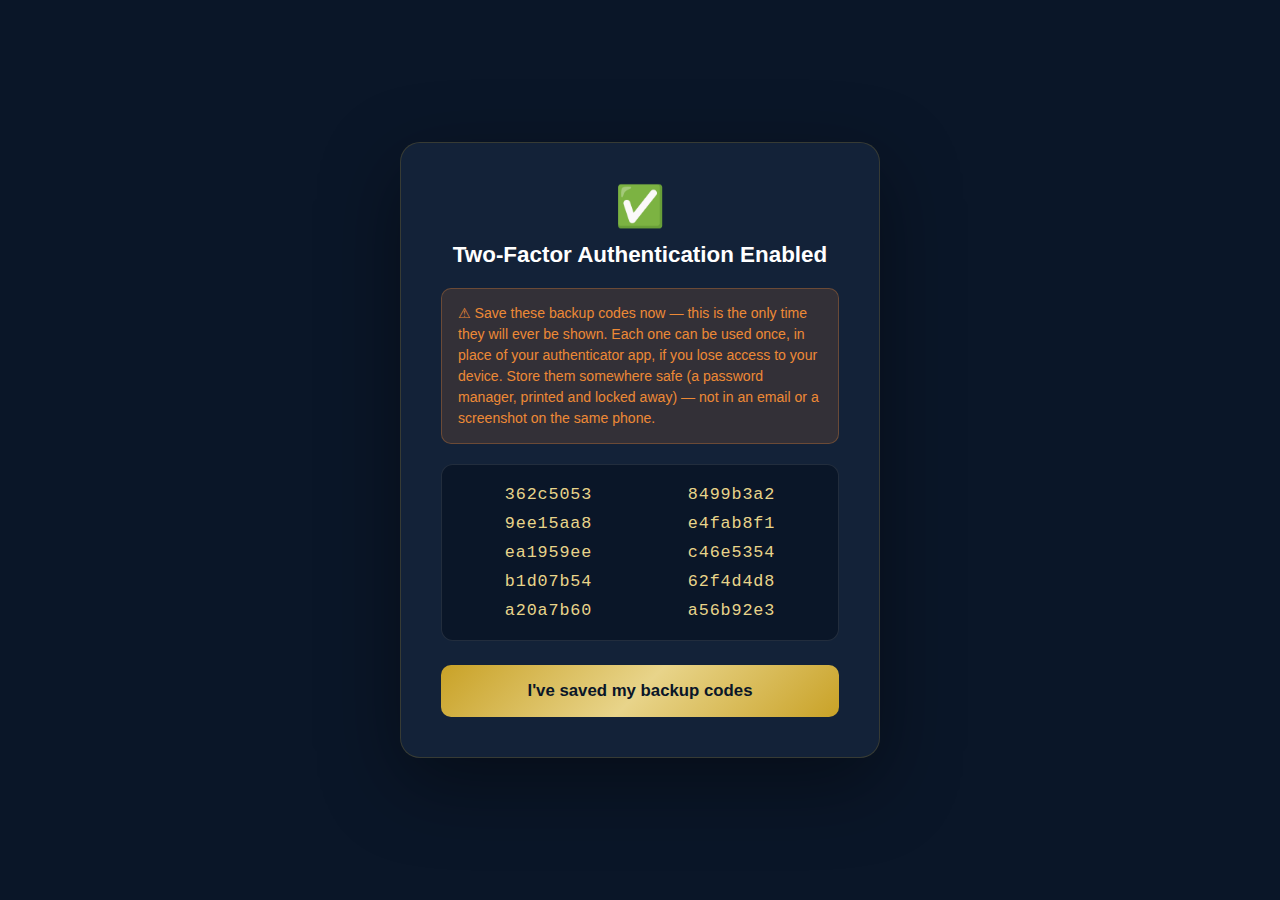 Ten backup codes shown after enabling MFA