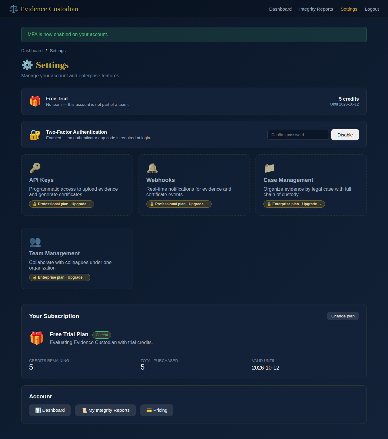 Settings page after MFA is enabled, showing Disable option