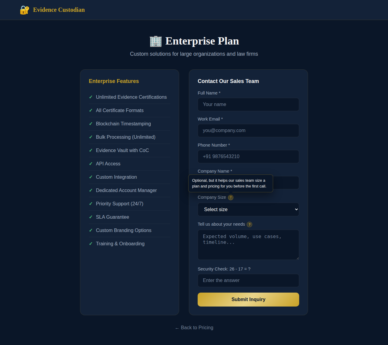 Enterprise inquiry form with company size tip open