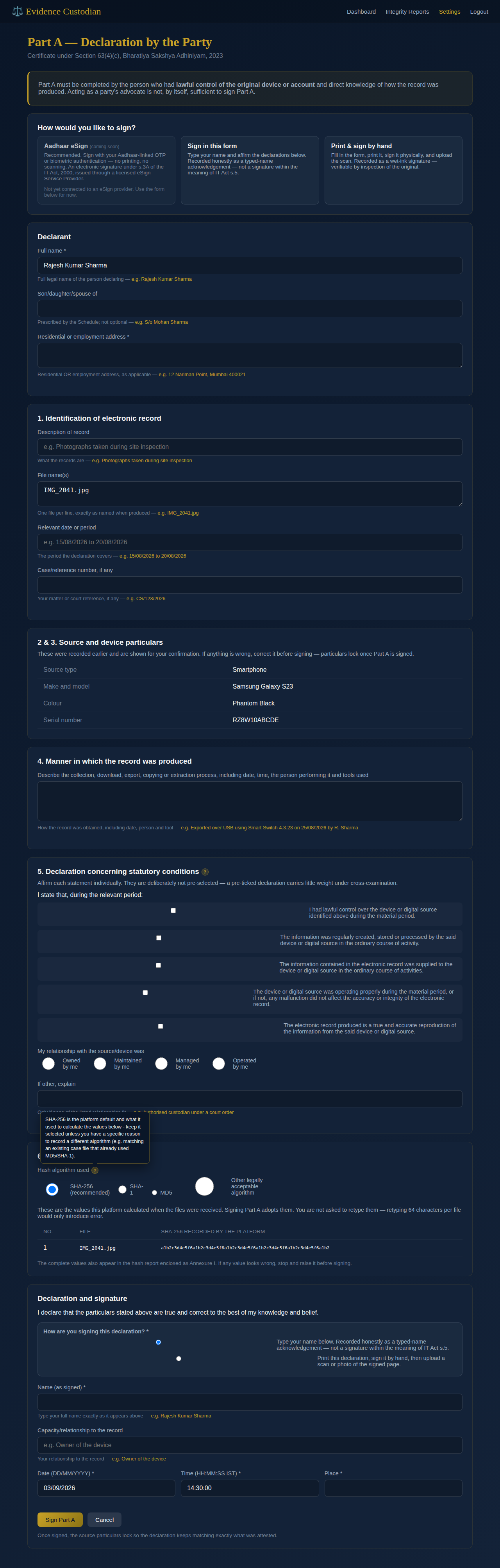 Part A declaration form with hash algorithm help tip open