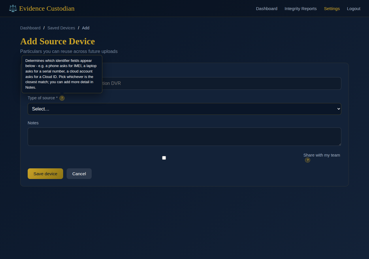 Add device form with source type tip open