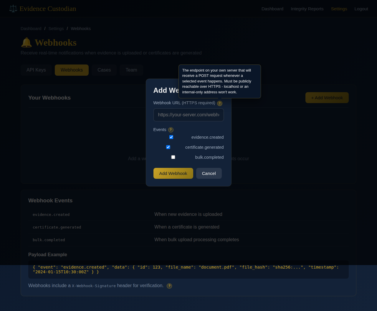 Webhook documentation with signature verification tip open