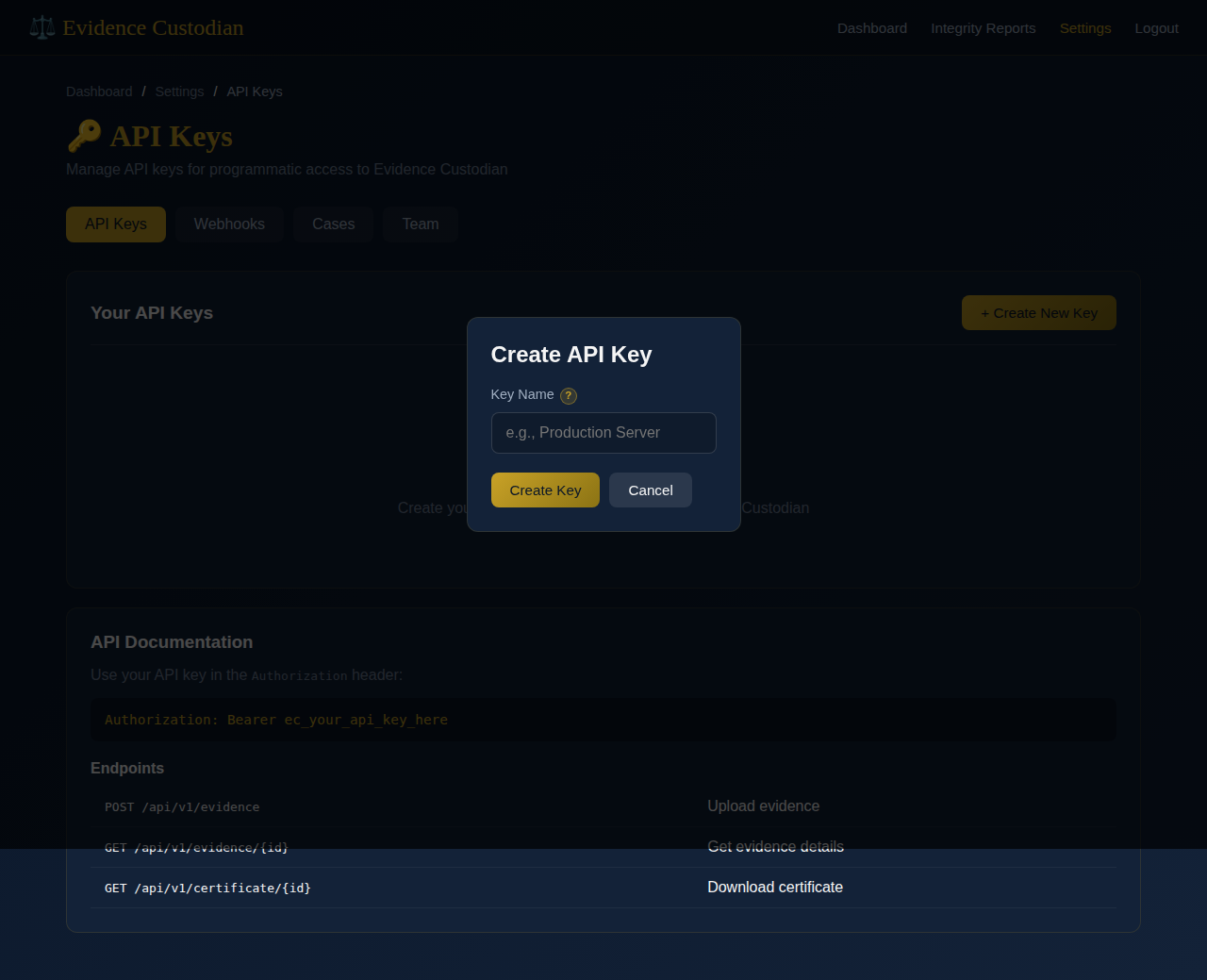 Create API key dialog
