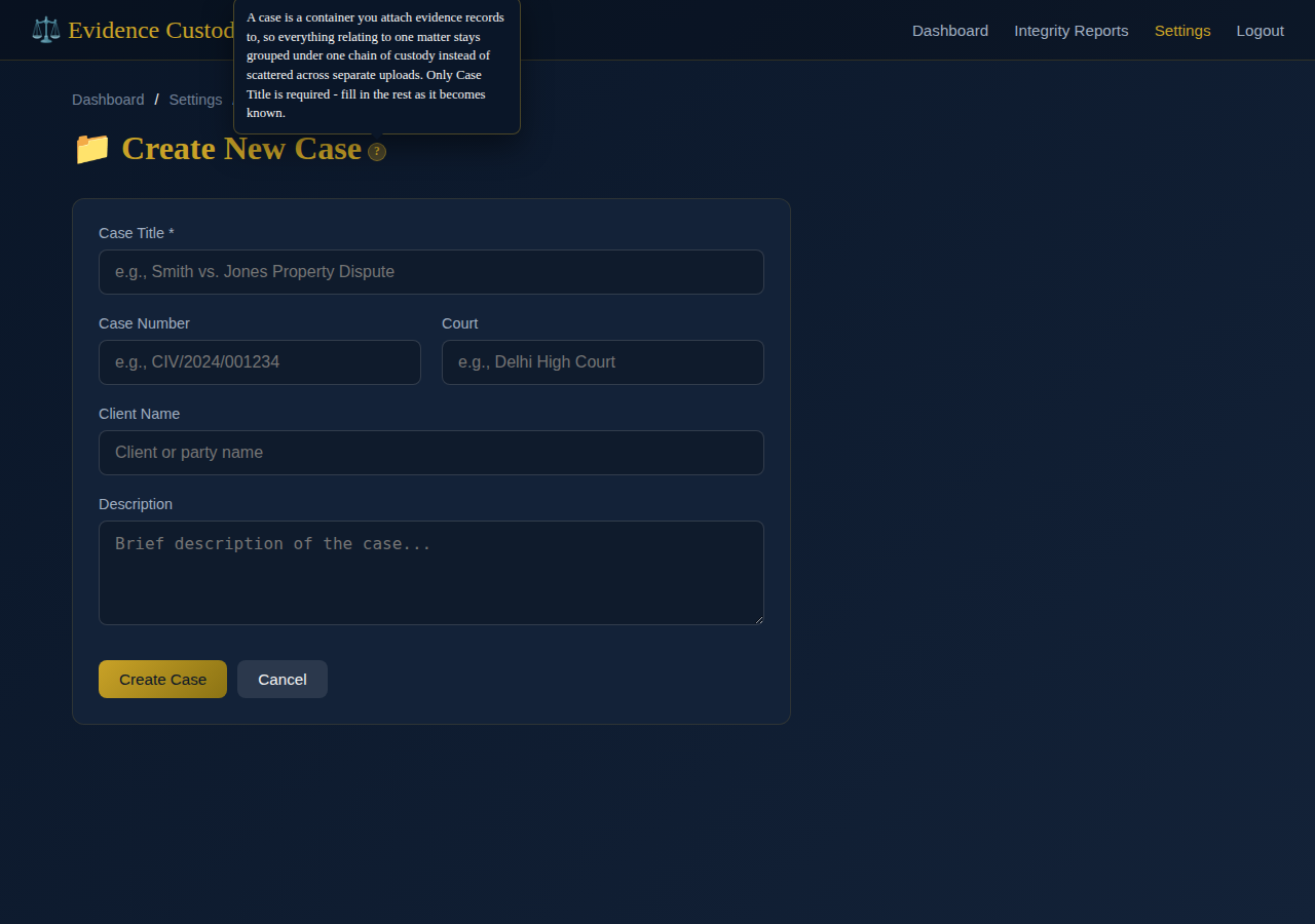 Create new case form with explanatory tip open