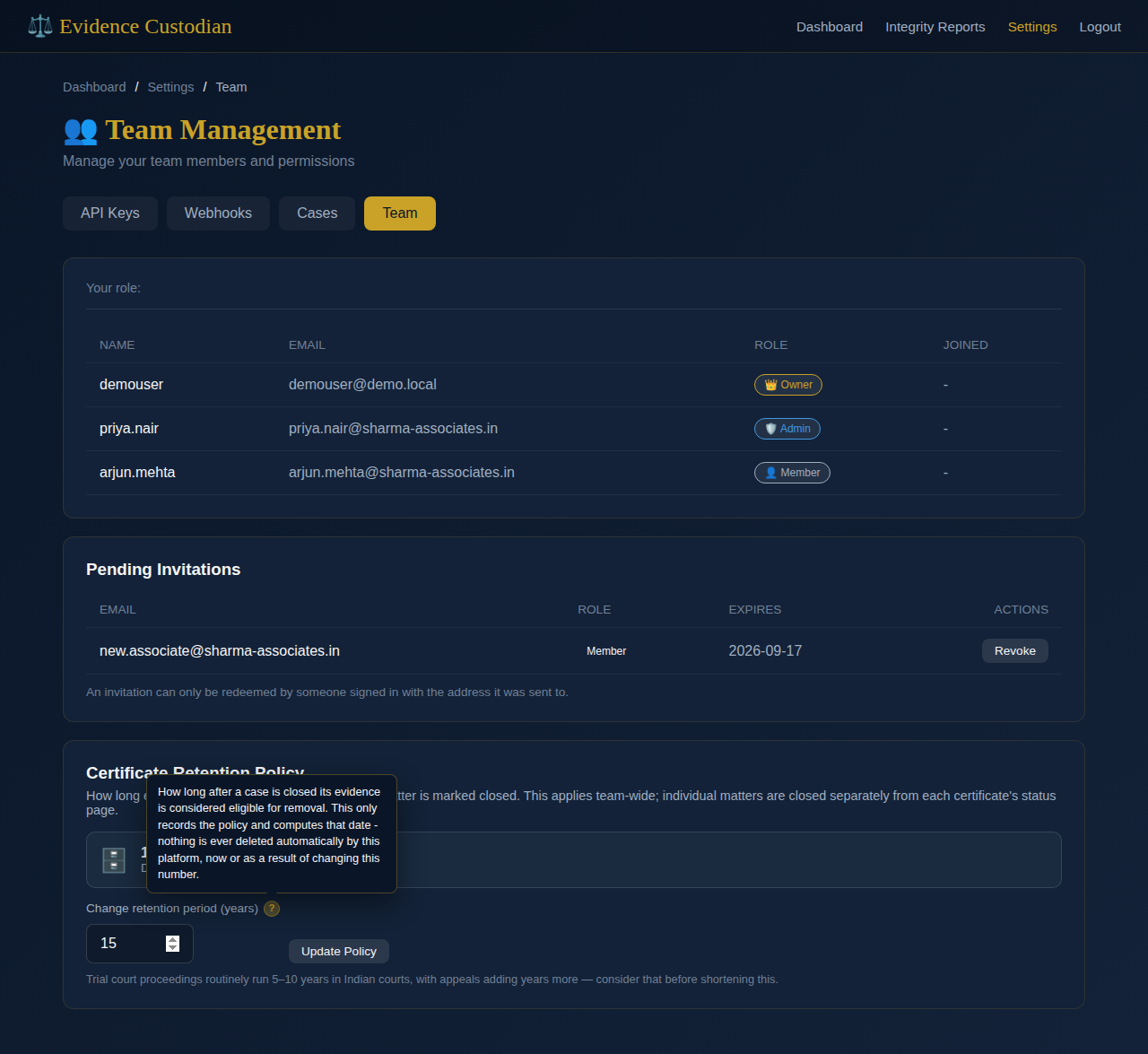 Team management page with retention period tip open